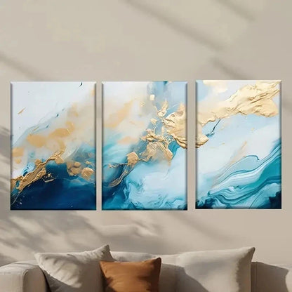 3pcs Abstract Golden and Blue Painting Wall Art Set Canvas Framed 40x60cm - High Quality Print 100% Australian Made Wall Canvas Ready to Hang