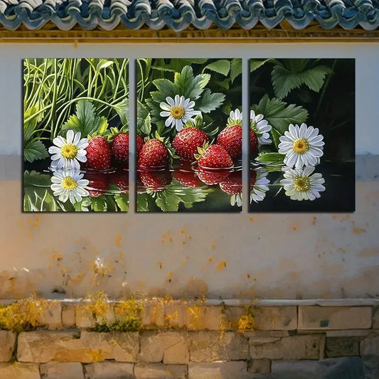 3pcs Strawberry and Daisy Reflections Illustration Metal Print Ready to Hang Art