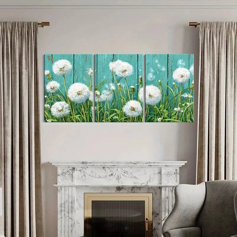 3pcs Dandelion Field White Fluff Turquoise Metal Print Ready to Hang Art