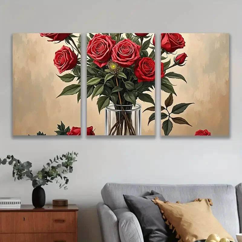 3pcs Elegant Red Roses in Vase Metal Print Ready to Hang Art