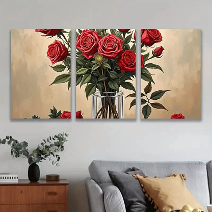 3pcs Elegant Red Roses in Vase Metal Print Ready to Hang Art