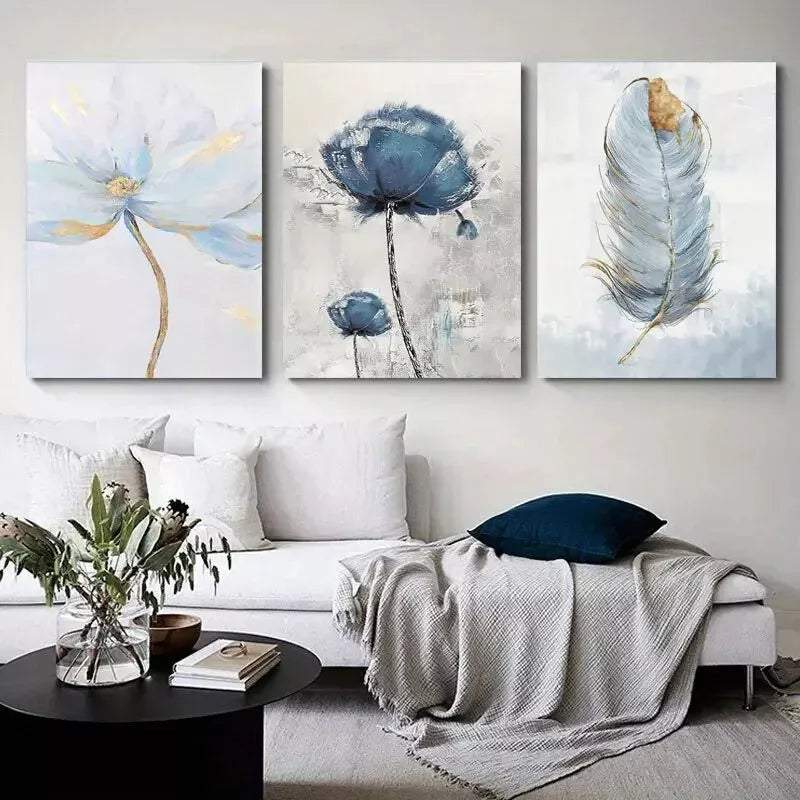 3pcs Blue Floral & Feather Abstract Canvas Framed 40x60cm - High Quality Print 100% Australian Made Wall Canvas Ready to Hang