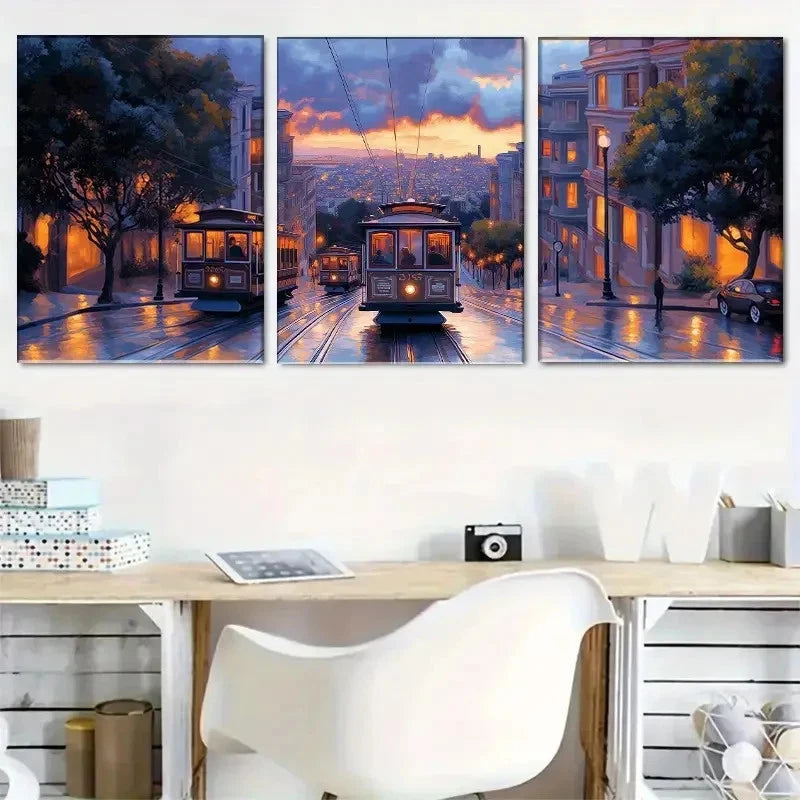 3pcs San Francisco Cable Car at Sunset Metal Print Ready to Hang Art