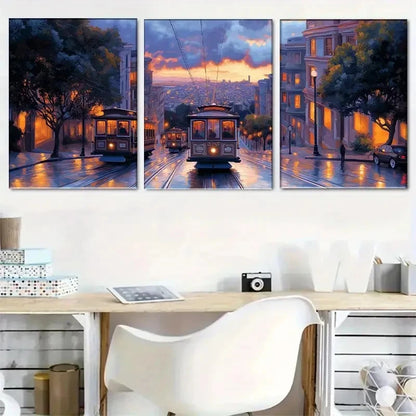3pcs San Francisco Cable Car at Sunset Metal Print Ready to Hang Art