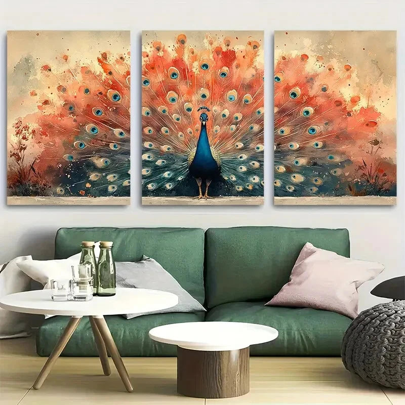 3pcs Vibrant Watercolor Peacock Wildlife Design Metal Print Ready to Hang Art