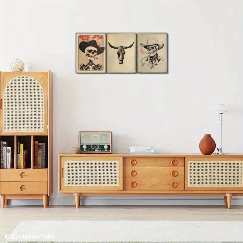 3pcs Expression Longhorn Skull Print Country Metal Print Ready to Hang Art