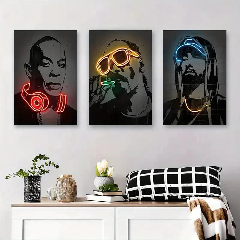 3pcsNeon Light Hip-Hop Stars Street Art Metal Print Ready to Hang Art