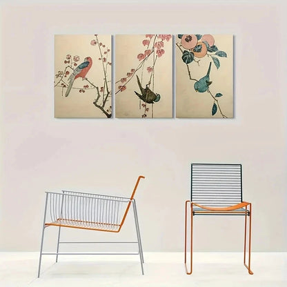 3pcs Vintage Bird and Flower Painting Metal Print Ready to Hang Art