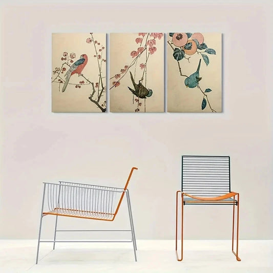 3pcs Vintage Bird and Flower Painting Metal Print Ready to Hang Art