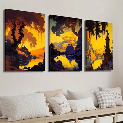 3pcs Mountain Lake Forest Nature Yellow Statue Wall Art Set Canvas Unframed - High Quality Print 100% Australian Made Wall Canvas