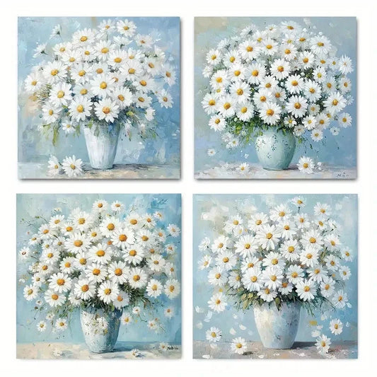 4pcsElegant White Daisies in VaseWall Art Canvas Framed