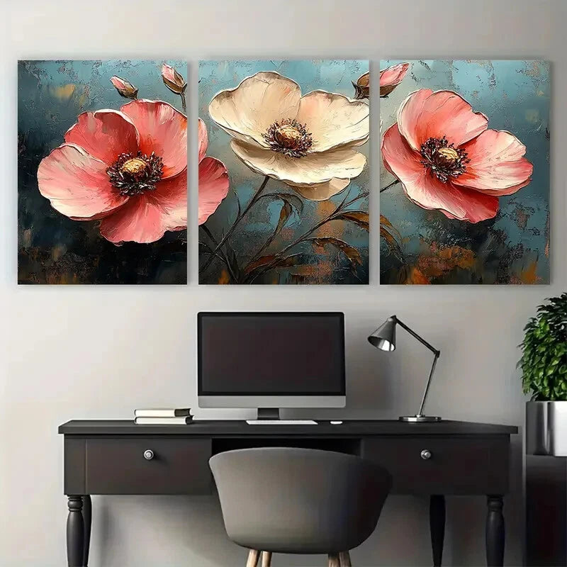 3pcs Vibrant Pink White Flower Abstract Modern Metal Print Ready to Hang Art