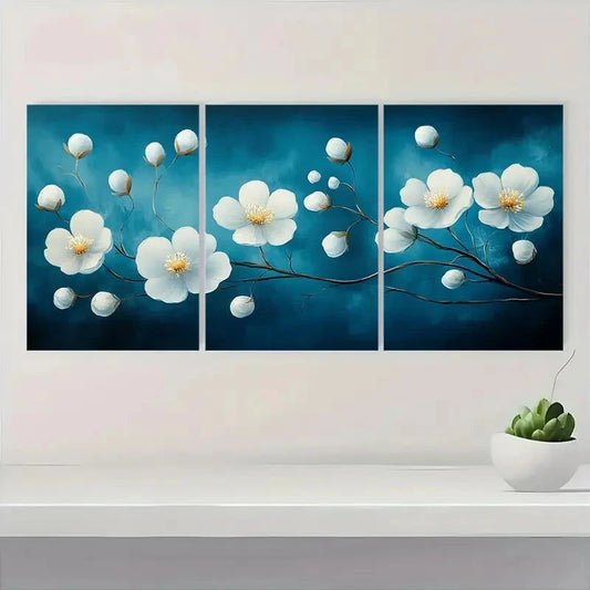 3pcs Elegant White Flower Dark Blue Background Metal Print Ready to Hang Art