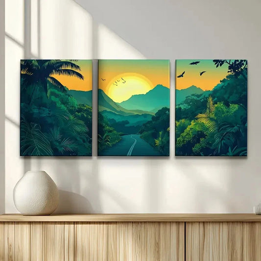 3pcs Lush Green Foliage & Palm Tree Jungle Metal Print Ready to Hang Art