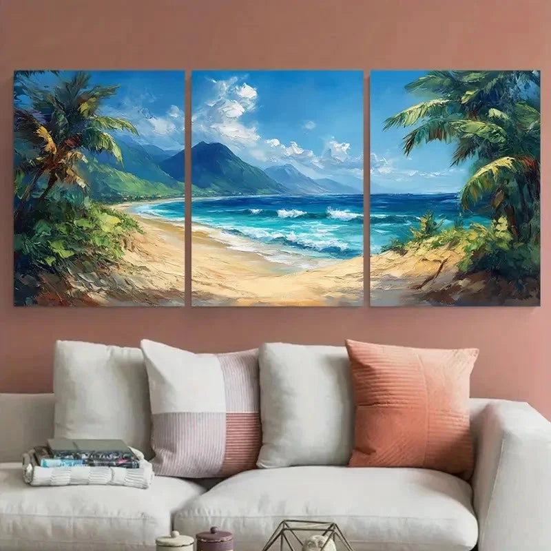 3pcs Nature Caribbean Rocky Mountain Beach Waves Metal Print Ready to Hang Art