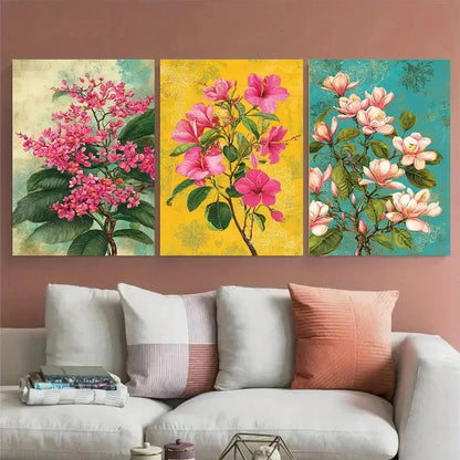 3pcs Bangladesh Travel Floral Illustration Wall Art Set Canvas Framed 50x70cm - High Quality Print 100% Australian Made Wall Canvas Ready to Hang