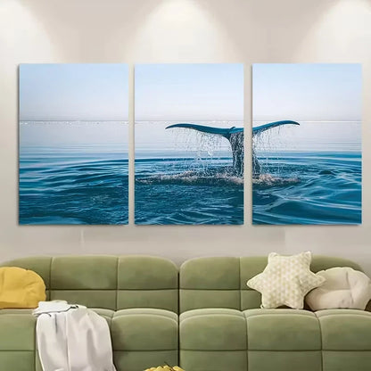 3pcs Ocean Sunset Scene with Whale Fin and Waves Metal Print Ready to Hang Art
