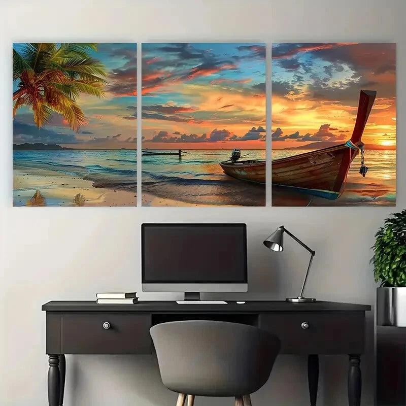 3pcs Sunset on the Beach with Palm Tree & Old Boat Metal Print Ready to Hang Art