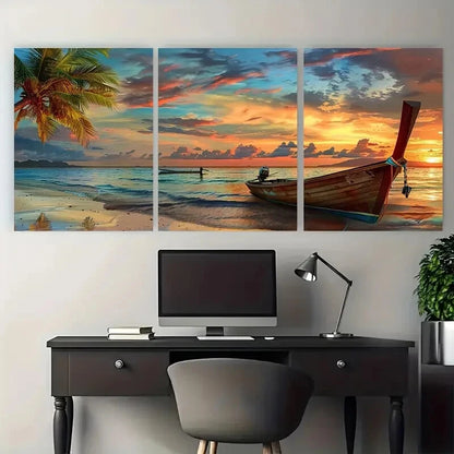 3pcs Sunset on the Beach with Palm Tree & Old Boat Metal Print Ready to Hang Art
