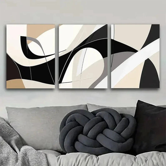 3pcs Black White and Beige Geometric Shapes Metal Print Ready to Hang Art