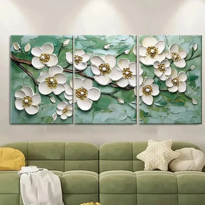 3pcs Floral Painting White Flower Green Nature   Wall Art Set Canvas Framed 50x70cm - High Quality Print 100% Australian Made Wall Canvas Ready to Hang