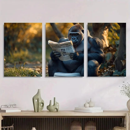 3pcs Funny Gorilla Reading Newspaper Classic Metal Print Ready to Hang Art