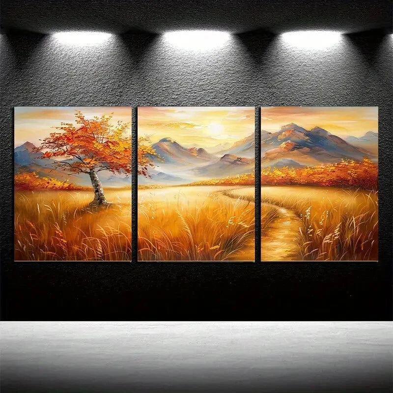 3pcs Vibrant Pastoral Autumn Landscape Metal Print Ready to Hang Art