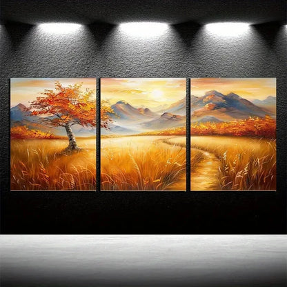 3pcs Vibrant Pastoral Autumn Landscape Metal Print Ready to Hang Art