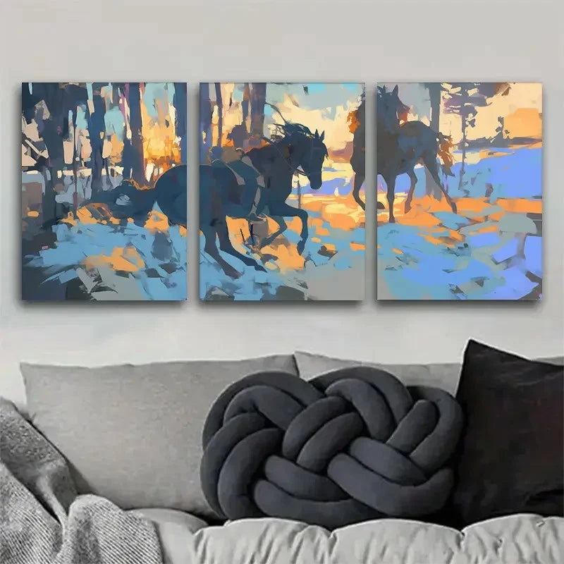3pcs Abstract Running Horses in Forest Landscape Metal Print Ready to Hang Art