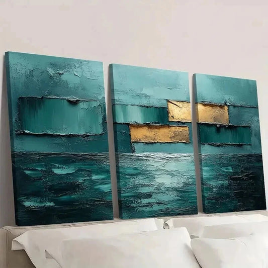 3pcs Teal Golden and Blue Tone Decoration Wall Art Set Canvas Framed 40x60cm - High Quality Print 100% Australian Made Wall Canvas Ready to Hang