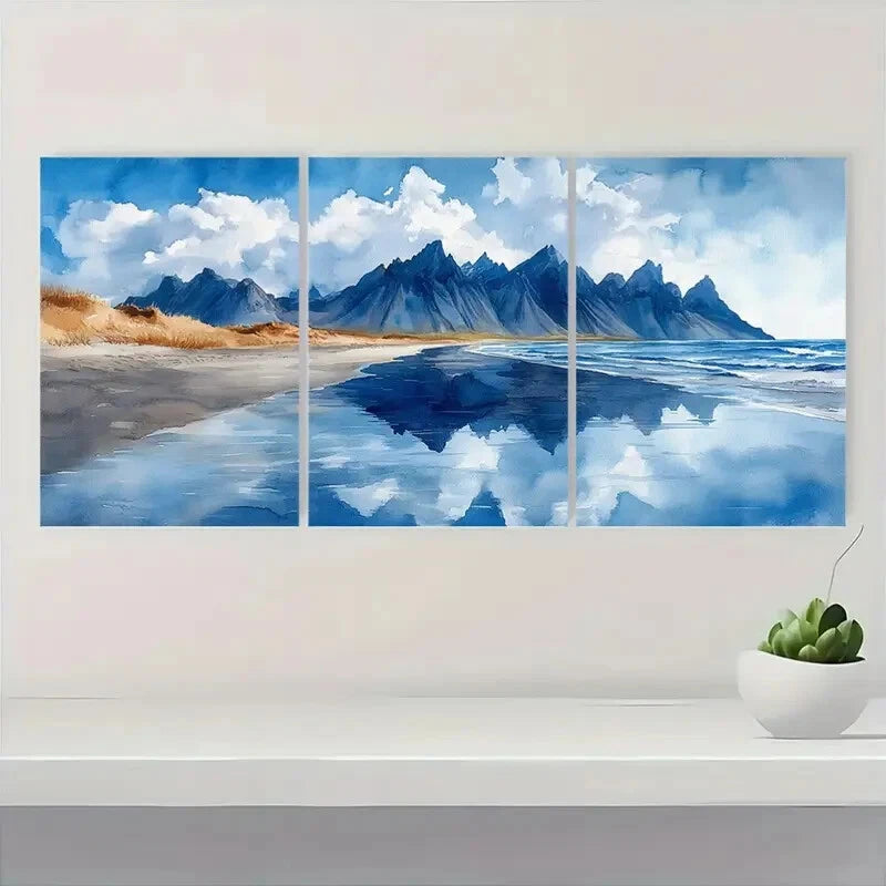 3pcs Watercolor Painting of Vestrahorn Beach Metal Print Ready to Hang Art