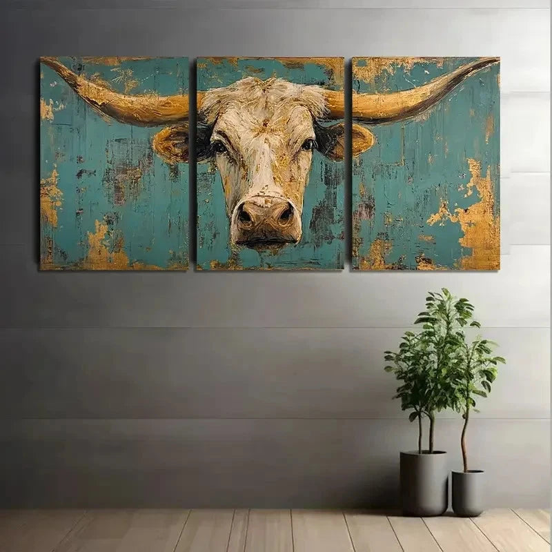 3pcs Distressed Painting of Longhorn Cow Metal Print Ready to Hang Art