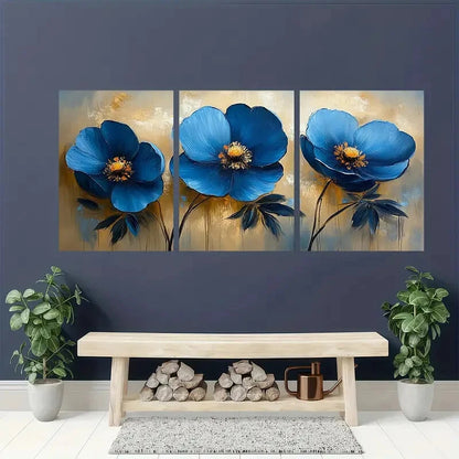 3pcs Abstract Blue Floral Flower Oil Painting Metal Print Ready to Hang Art