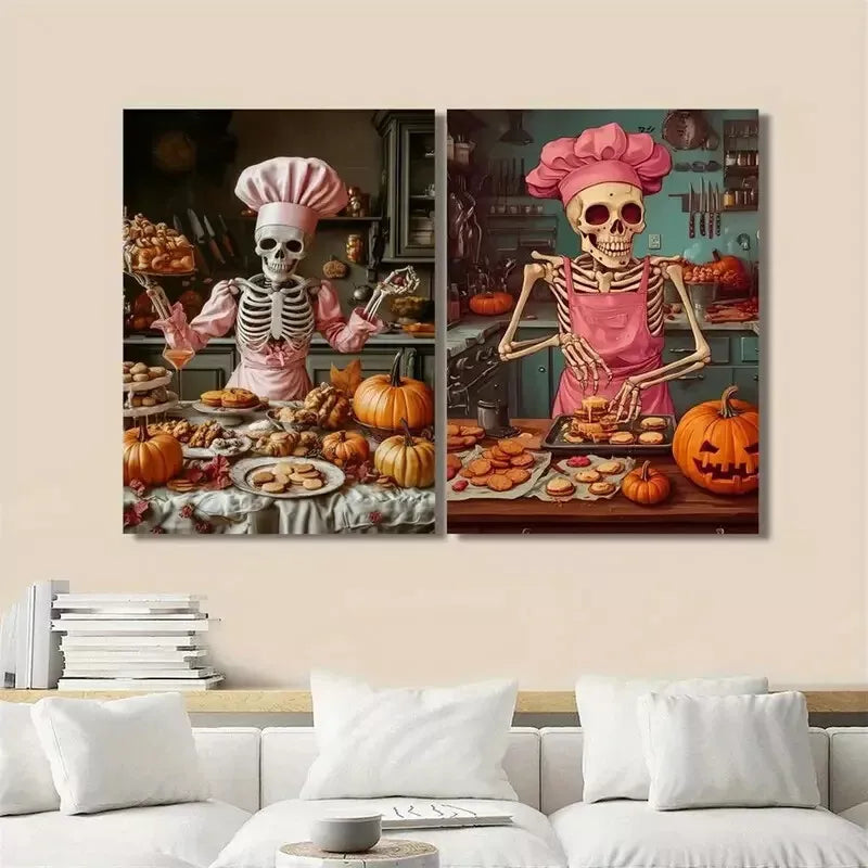 2pcs Food Art, Interesting Skeleton Art, Chefs Canvas Framed 50x75cm - High Quality Print 100% Australian Made Wall Canvas Ready to Hang