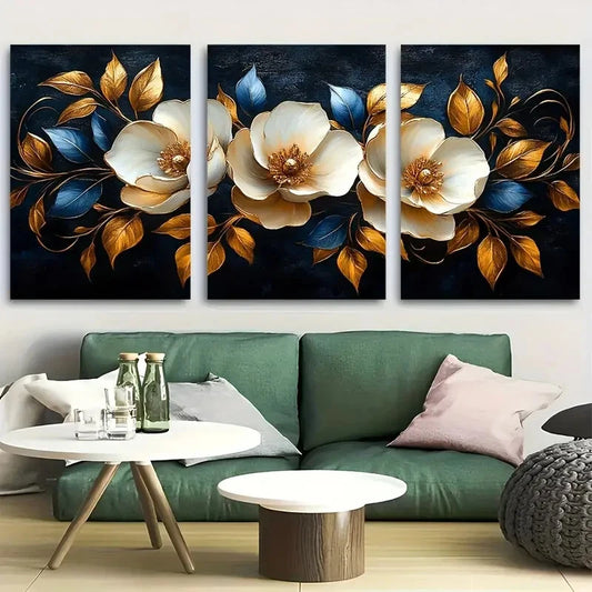 3pcs Luxury White flowers with Golden Leaves Metal Print Ready to Hang Art