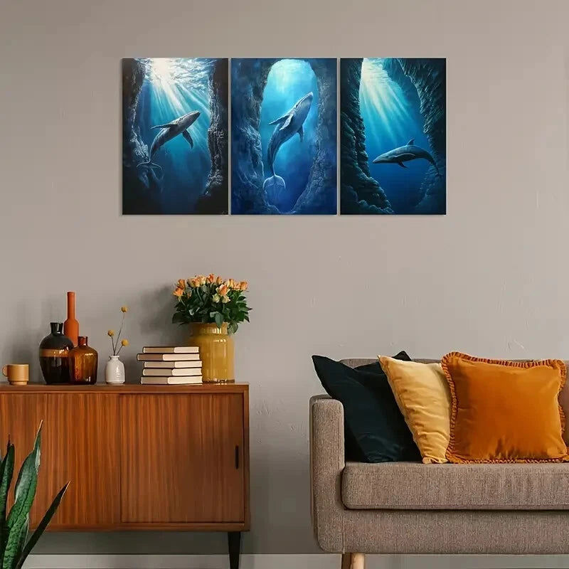 3pcs Vintage Whale & Deepsea Design Metal Print Ready to Hang Art