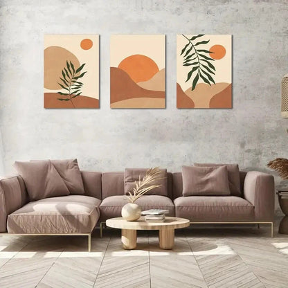 3pcs Minimalist Bohemian Leaf & Sunset  Metal Print Ready to Hang Art