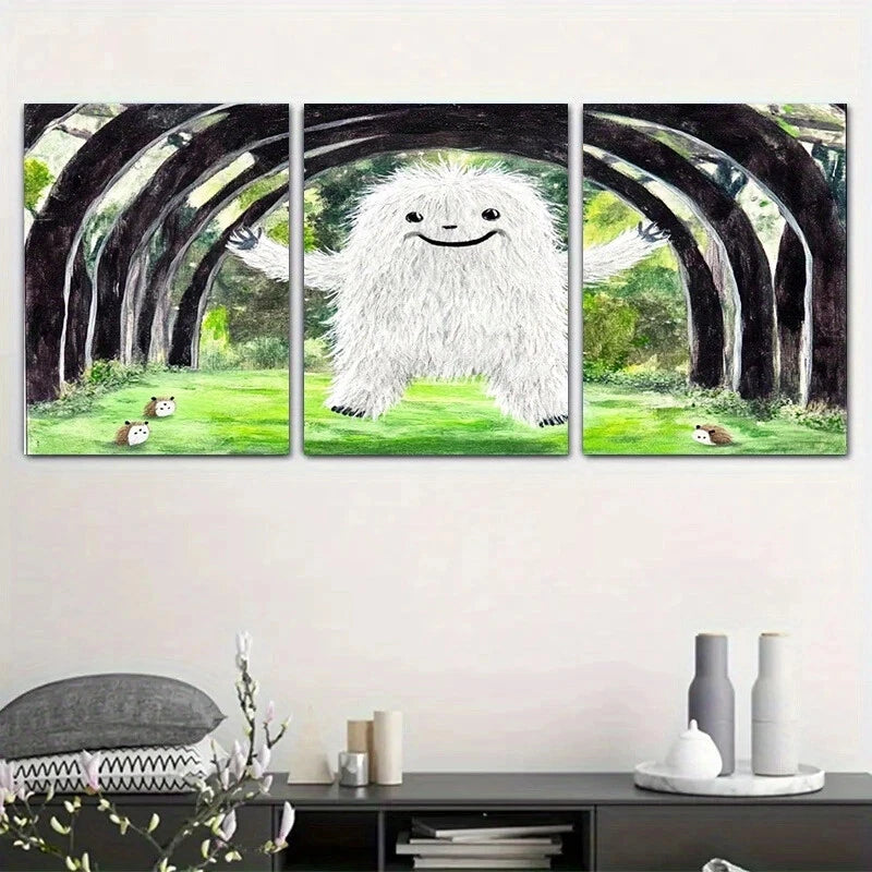 3pcs White Furry Green Grass Creatures Metal Print Ready to Hang Art