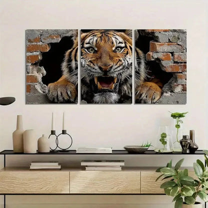 3pcs Tiger Breaking Through Brick Wall Metal Print Ready to Hang Art