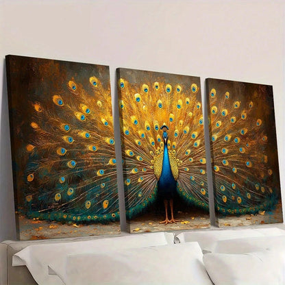 3pcs Vintage Peacock Golden & Blue Wall Art Set Canvas Framed 40x60cm - High Quality Print 100% Australian Made Wall Canvas Ready to Hang