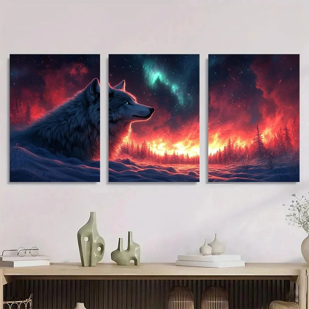 3pcs Wolf and Northern Lights Animal Vibrant Metal Print Ready to Hang Art