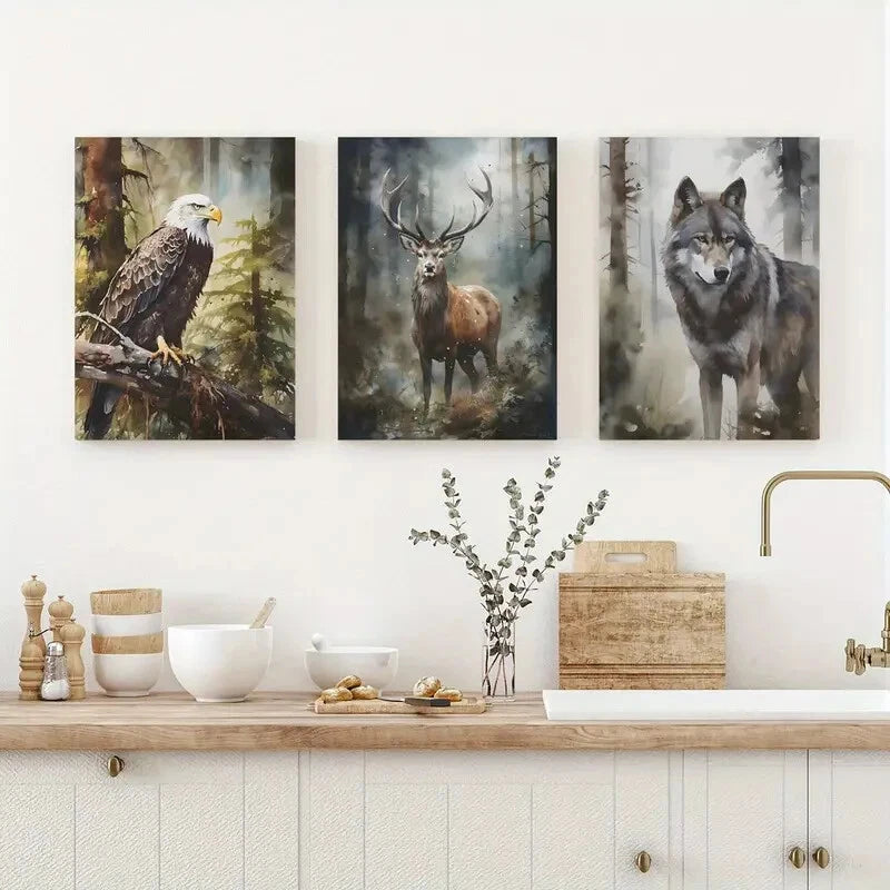3pcs American Woodland Animals In Forest Scene Metal Print Ready to Hang Art