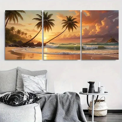 3pcs Palm Trees & Ocean View Scenic Beach Metal Print Ready to Hang Art