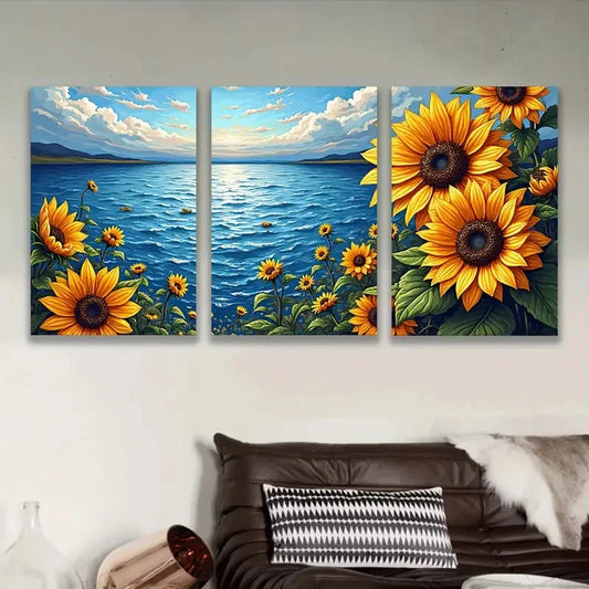 3pcs Bright Sunflower Floral With River Painting Wall Art Set Canvas Framed 40x60cm - High Quality Print 100% Australian Made Wall Canvas Ready to Hang
