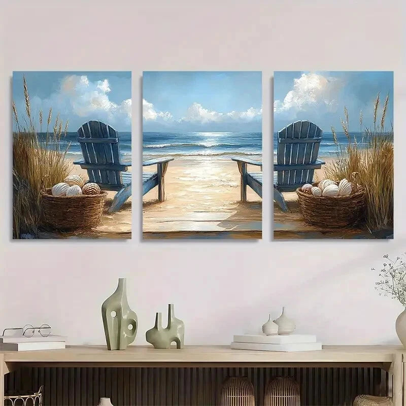 3pcs Beach Scene Chairs & Seashell Basket Metal Print Ready to Hang Art