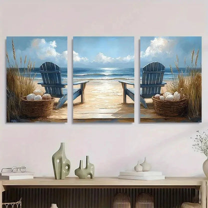 3pcs Beach Scene Chairs & Seashell Basket Metal Print Ready to Hang Art