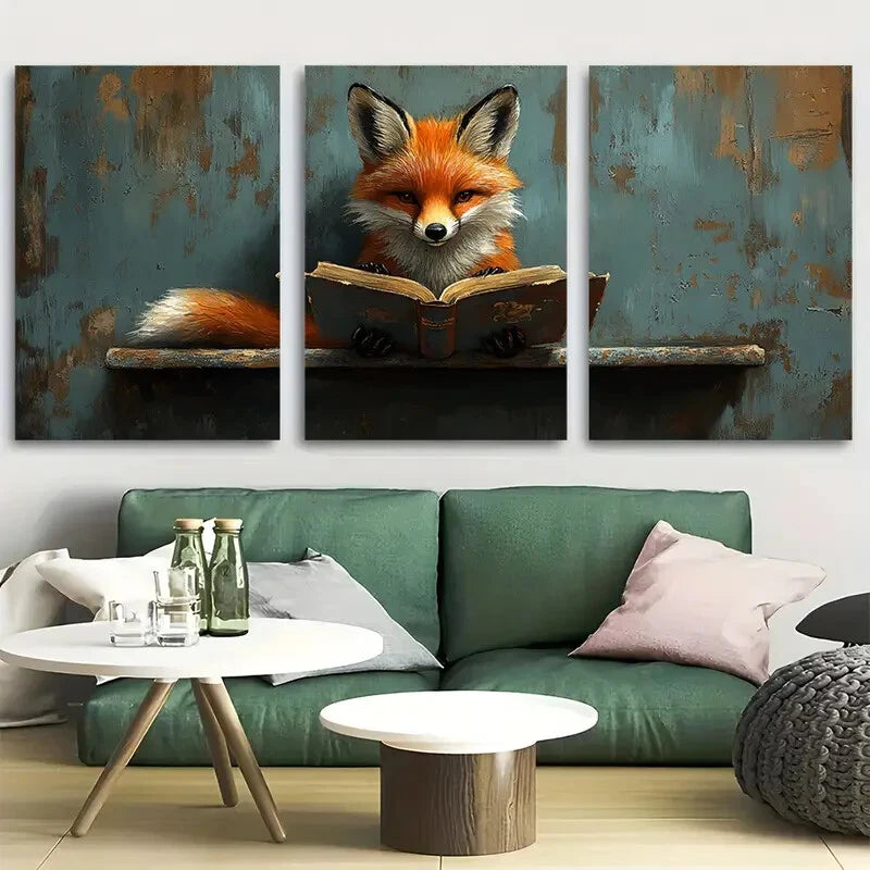 3pcs Whimsical Fox Reading Metal Print Ready to Hang Art