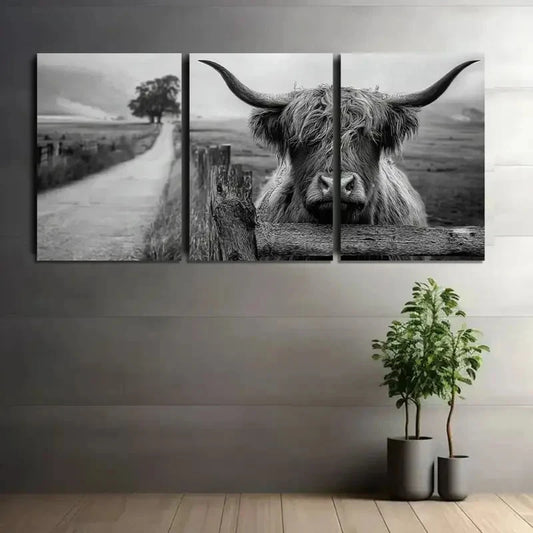 3pcs Black-and-White Highland Cow Behind a Fence Metal Print Ready to Hang Art