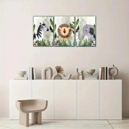 3pcs Zebra Lion Elephant in Forest Watercolor Metal Print Ready to Hang Art