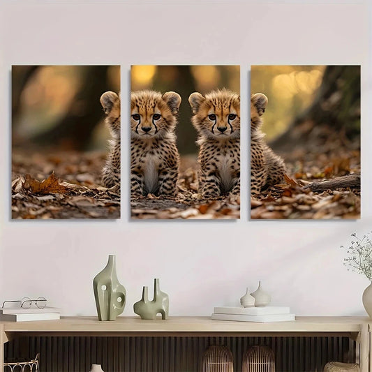 3pcs Cheetah Cubs Wildlife Animal Themed Metal Print Ready to Hang Art